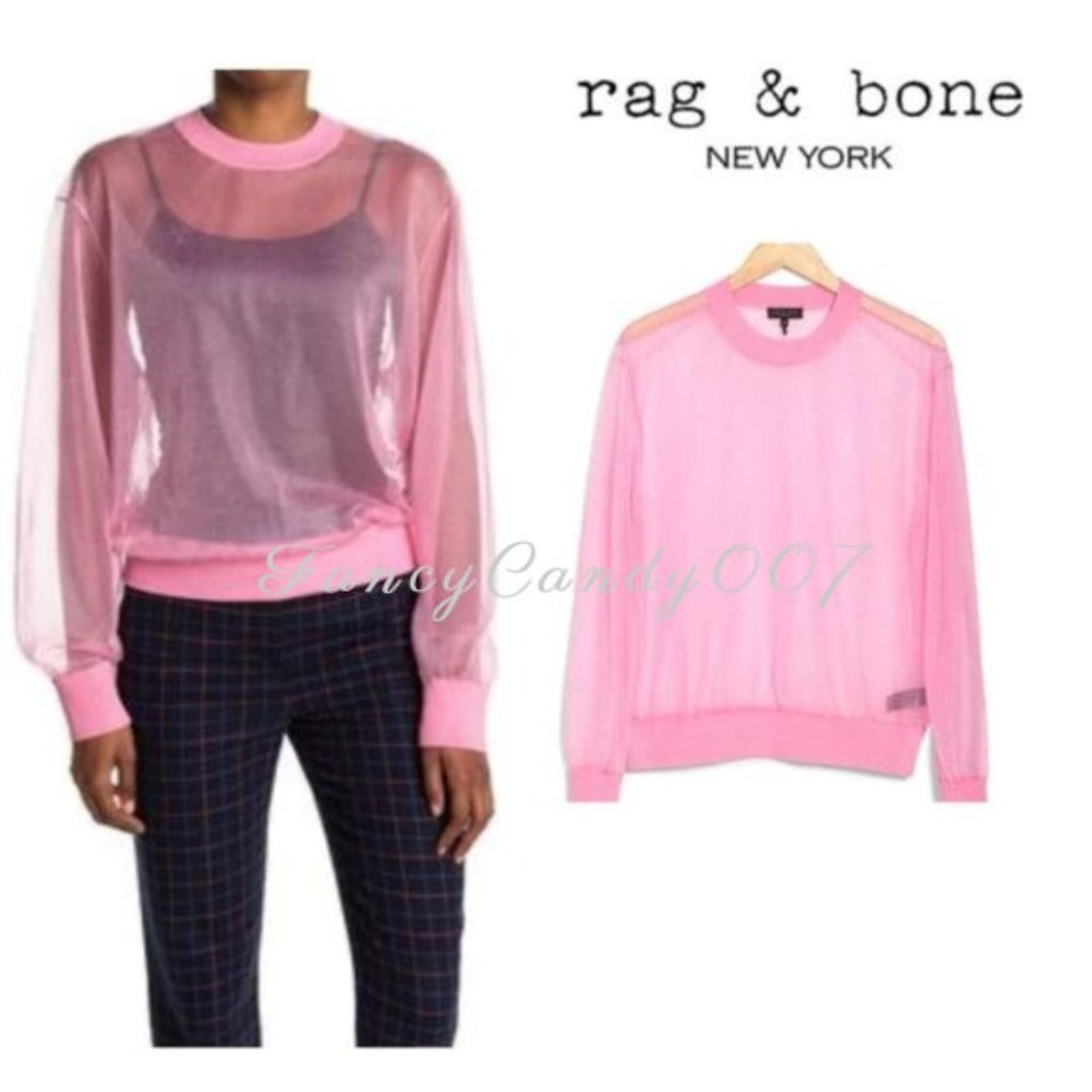 Oversized Rag & Bone Caley Sheer Mesh Sweatshirt, Size XXS Bright Pink